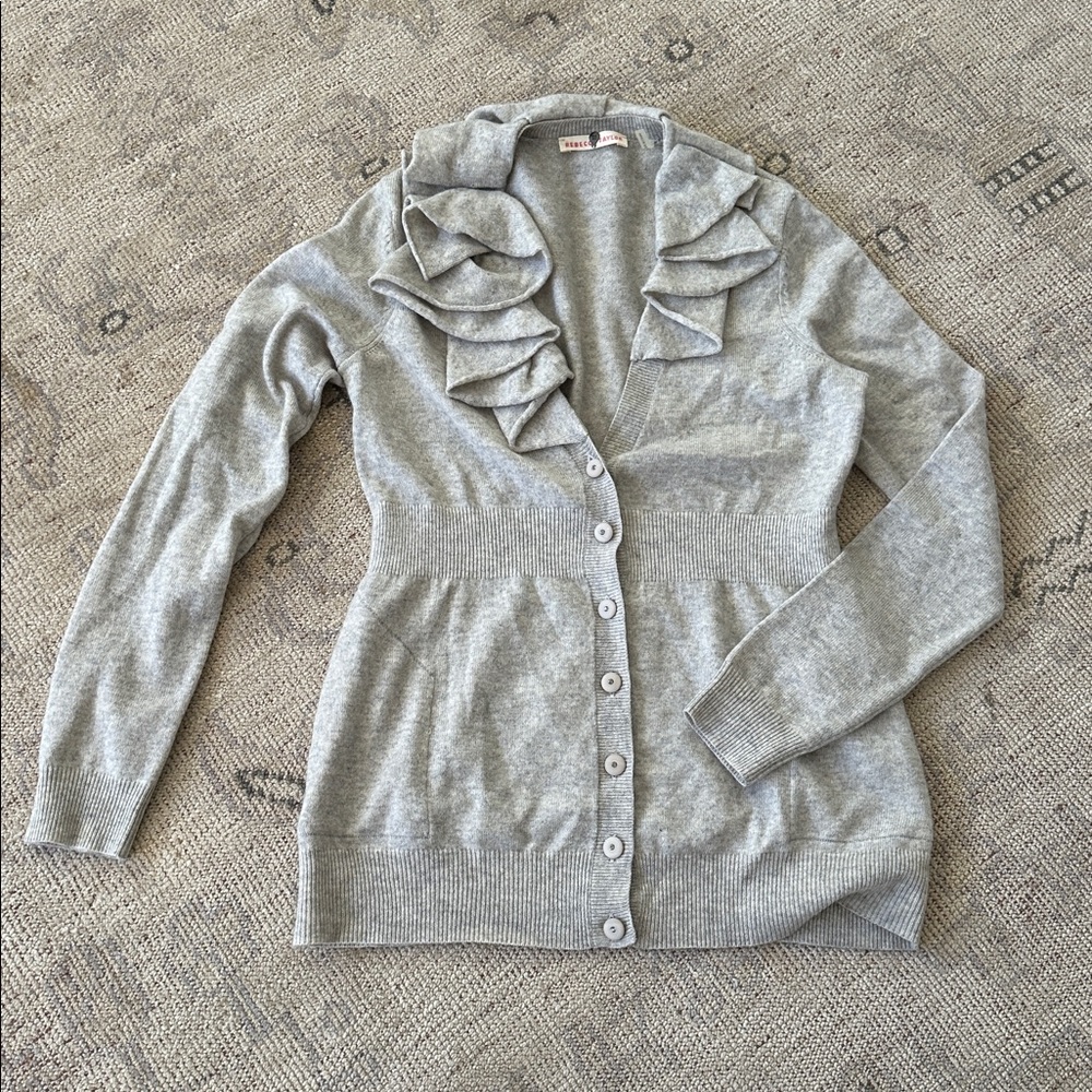 Rebecca Taylor Gray Ruffle Cashmere and Merino Wool Cardigan M